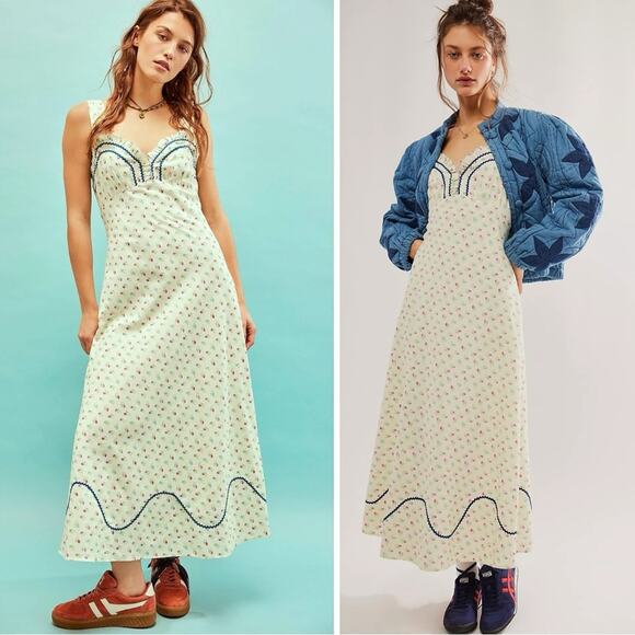 Free People Dainty Western Prairie Sweet Hearts Midi Dress in Ivory Combo Medium - Picture 1 of 16